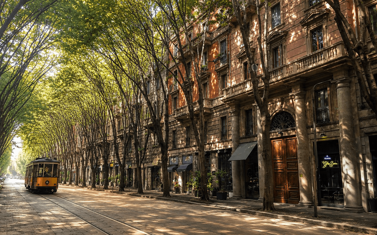 A tree-lined avenue under a green canopy, with benches and people strolling — the spirit of Via Vincenzo Monti